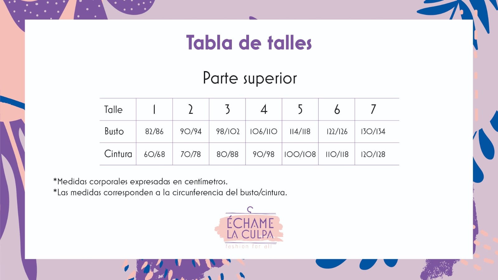 Tabla de talles superior